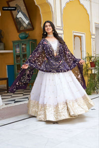 TRENDBUY Off-White Crunchi Lehenga Choli with Heavy Purple Georgette Dupatta