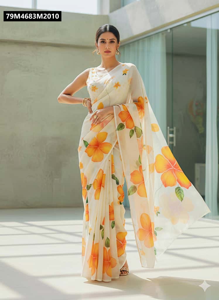 Stylish full shot of a model confidently posing in the TRENDBUY Off-White Floral Paper Georgette Saree in a modern setting.