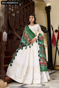 TRENDBUY Off-White Georgette Lehenga Choli with Lucknowi Paper Mirror Work & Green Patola Silk Dupatta