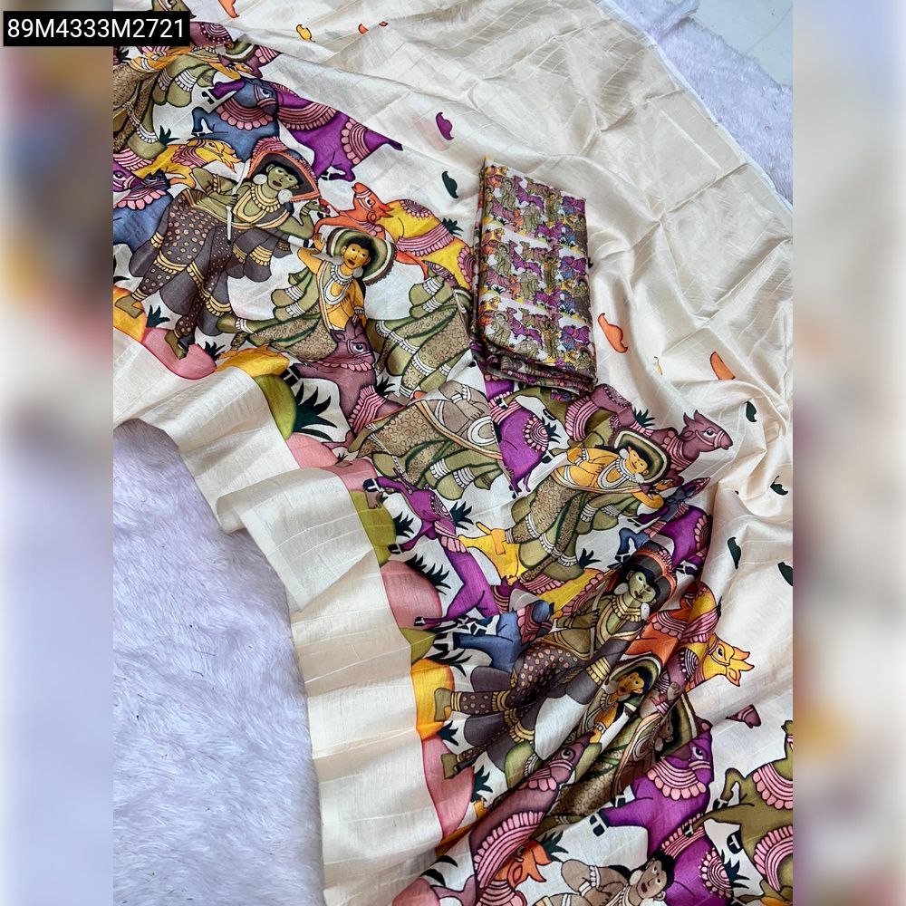 Overhead view of a TRENDBUY Off-White Handloom Tussar Silk Saree featuring a vibrant multi-color Kalamkari digital print with mythological figures and a matching blouse piece, laid on a white textured surface.