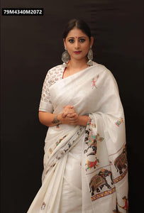 TRENDBUY Off-White Heavy Linen Saree with Elephant Digital Print & Tassels