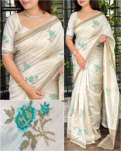 TRENDBUY Off-White Pure Tusser Silk Saree with Kashmiri Thread Embroidery & Zari Border