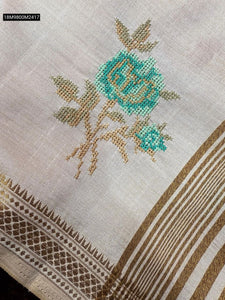 Exclusive Off-White Pure Tusser Silk Saree with Kashmiri Thread Embroidery and Zari Border