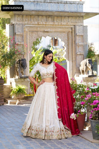 TRENDBUY Off-White & Red Vichitra Silk Sequins Embroidered Lehenga Choli Set
