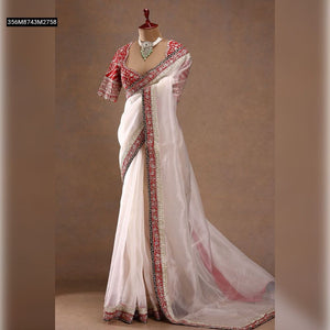TRENDBUY Off-White Space Silk Saree with Red Dual Sequence & Cording Embroidered Banglori Silk Blouse