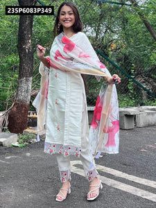 TRENDBUY Off-White Viscose Chanderi Sequence Embroidered Kurta Set & Dupatta