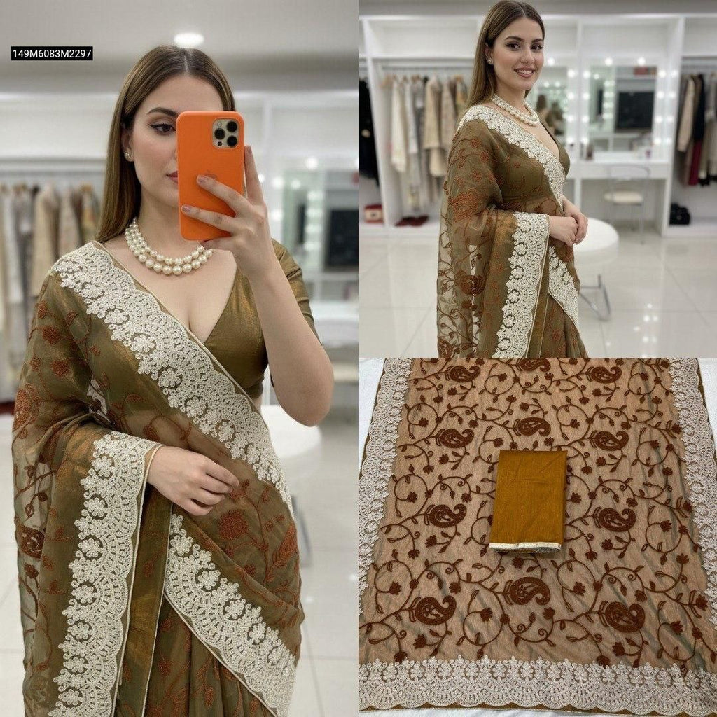 Composite image showing model in TRENDBUY Olive Gold Chikankari Saree and flat lay of the saree and blouse.