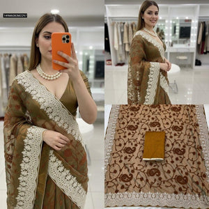 TRENDBUY Olive Gold Two-Tone Twill Net Chikankari Saree with Unstitched Blouse