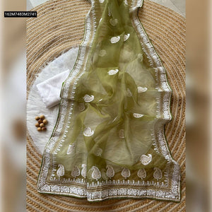 TRENDBUY Olive Green Pure Organza Silk Saree with Lucknowi Embroidery & Raw Silk Blouse