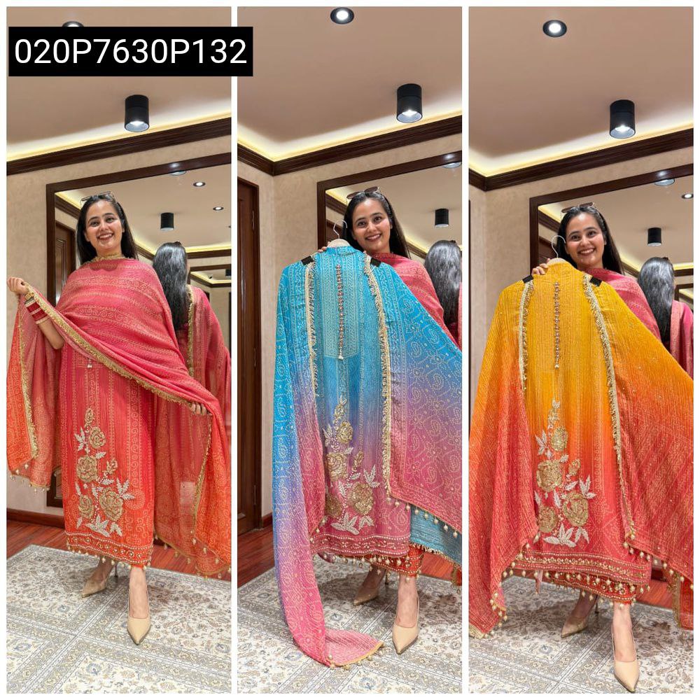 Model wearing a TRENDBUY hot pink-orange ombre Aari hand work kurti set with matching dupatta, gracefully posing and holding the blue-pink and yellow-orange ombre sets.