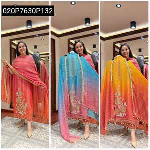TRENDBUY Ombre Aari Hand Work 3-Piece Kurti Set with Pants & Dupatta