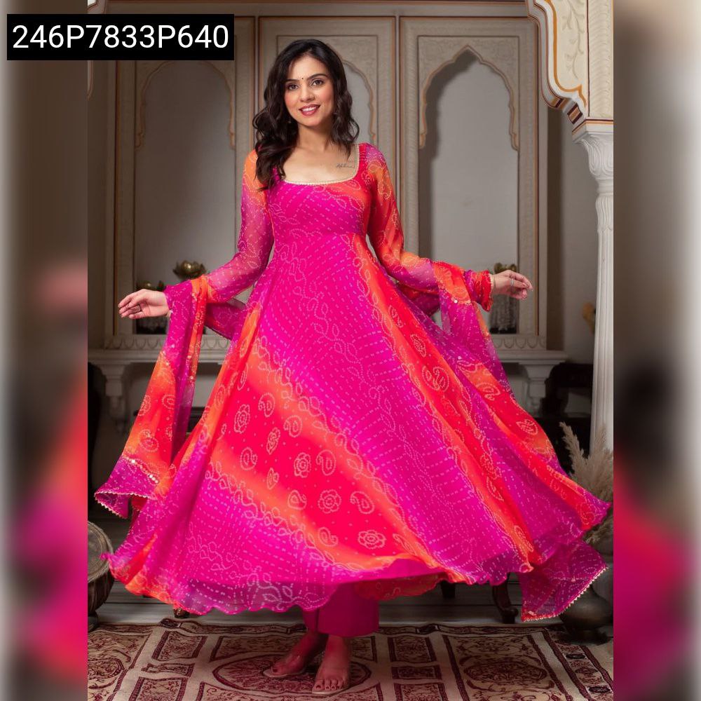 TRENDBUY Ombre Bandhani Fox Georgette Gown with Dupatta, full-body model shot, smiling