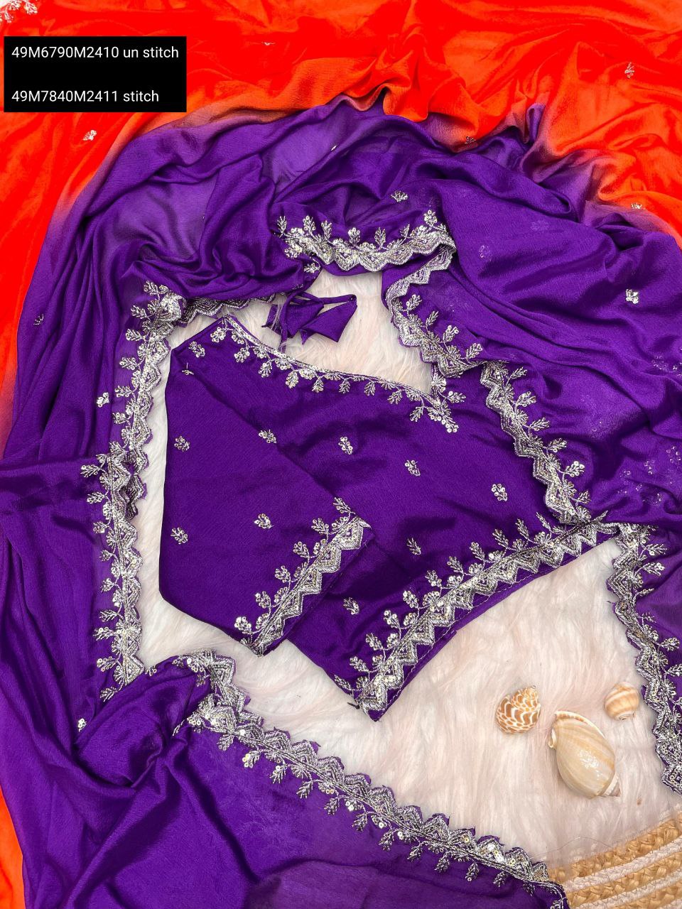 TRENDBUY Purple-Orange Ombre Chinnon Saree with heavy silver embroidery and sequence work border, showcasing the unstitched blouse piece.