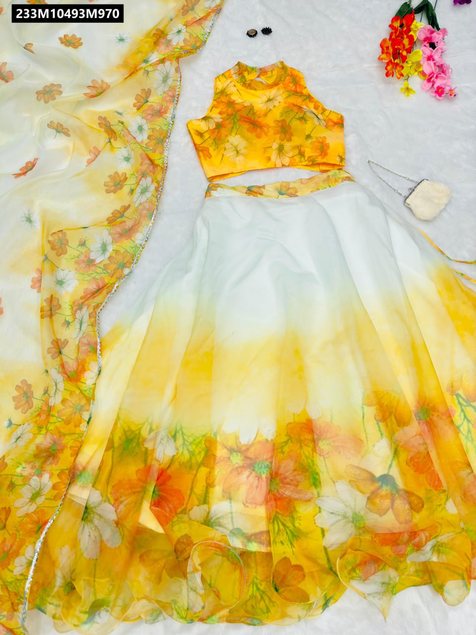 TRENDBUY Yellow Ombre Floral Organza Silk Lehenga Choli with padded blouse, full view on white background with accessories.