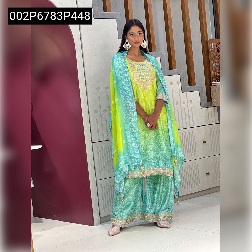 Model in TRENDBUY vibrant green and blue ombre Chinon salwar suit, full body, standing elegantly.