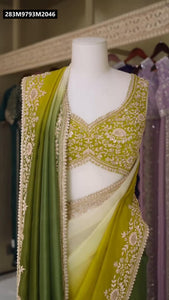 TRENDBUY Ombre Green-Yellow Teby Silk Saree with Heavy Sequence Embroidery & Raw Silk Blouse