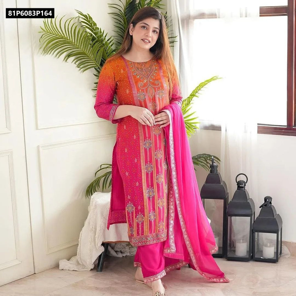 Full body view of a woman wearing the TRENDBUY vibrant ombre Maslin kurti set, featuring intricate hand embroidery on the neckline and a matching pink dupatta, looking directly at the camera.