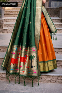 TRENDBUY Orange Green Jacquard Silk Paithani Lehenga Choli with Zari Weaving Work