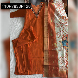 TRENDBUY Orange Roman Silk Hand Work Kurta Set with Lichi Jacquard Dupatta