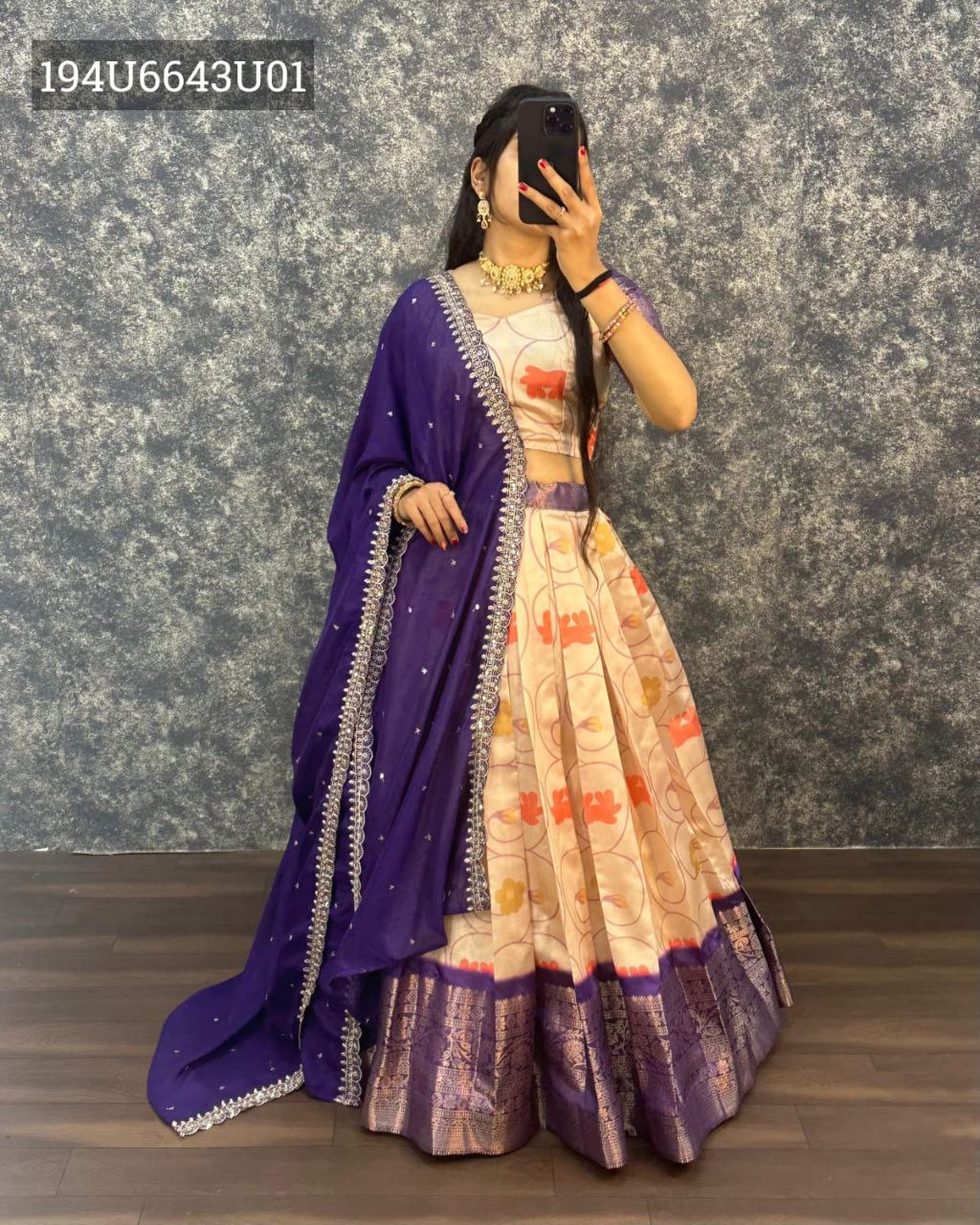 TRENDBUY Purple Lichi Silk Lehenga Choli Set, full body view of model in digitally printed beige lehenga with purple border, matching blouse, and richly embroidered purple dupatta with sequence work, adorned with traditional gold jewelry.