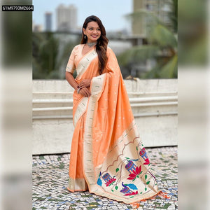 TRENDBUY Paithani Silk Saree with Silver Zari Weaving & Meenakari Peacock Pallu