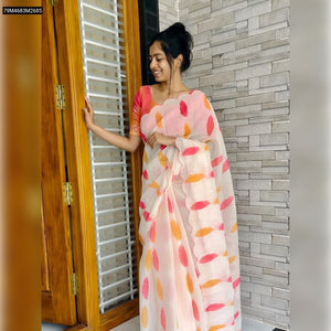 TRENDBUY Peach-Pink Linen Saree with Multicolor Digital Print & Arco Work Blouse