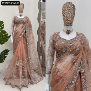 TRENDBUY Peach-Pink Soft Net Designer Saree with Elegant Thread & Sequin Work