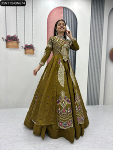 TRENDBUY Peacock Embroidered Vichitra Silk Lehenga Set with Shrug