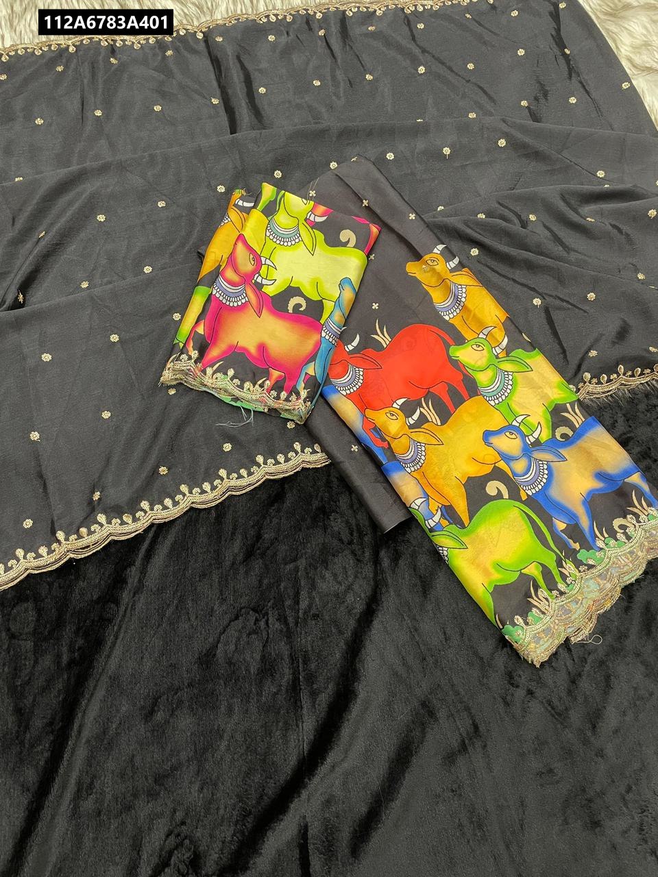 TRENDBUY Black Pichwai Cow Chinnon Half Saree flat lay, featuring a black lehenga and dupatta with golden butti and cutwork border, alongside a black-based multicolor Pichwai cow print blouse piece.