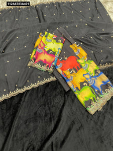 TRENDBUY Pichwai Cow Print Chinnon Half Saree with Embroidered Cutwork Border
