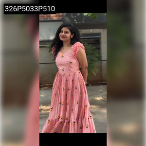 TRENDBUY Pink Embroidered Maska Cotton Maxi Gown with Ruffle Sleeves