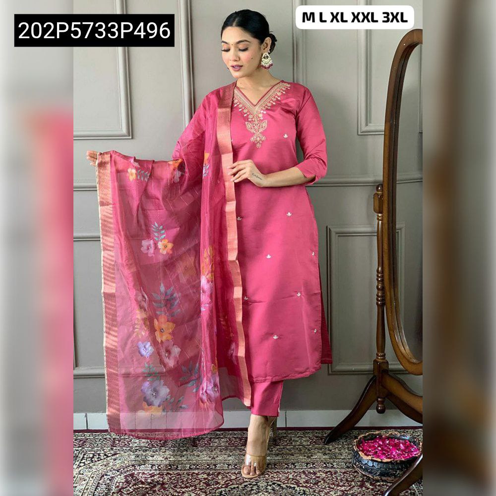Full length shot of model wearing TRENDBUY pink embroidered Roman silk kurta set with floral chanderi dupatta.