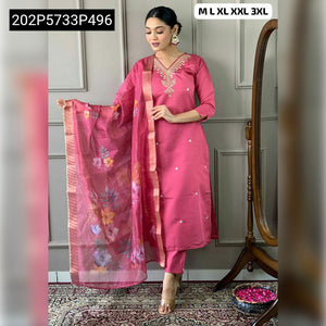 TRENDBUY Pink Embroidered Roman Silk Kurta Set & Dupatta