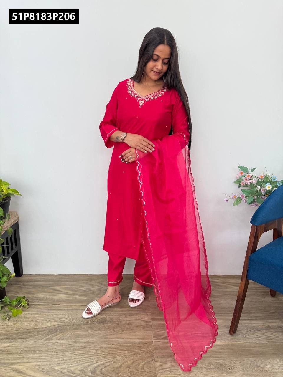 Full length front view of model in TRENDBUY Fuchsia Pink Gadwal Cotton Kurta Set, looking down elegantly, dupatta over shoulder.
