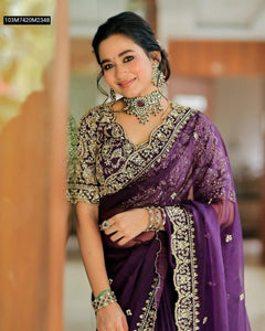 TRENDBUY Plum Purple Embroidered Organza Silk Saree with Unstitched Blouse