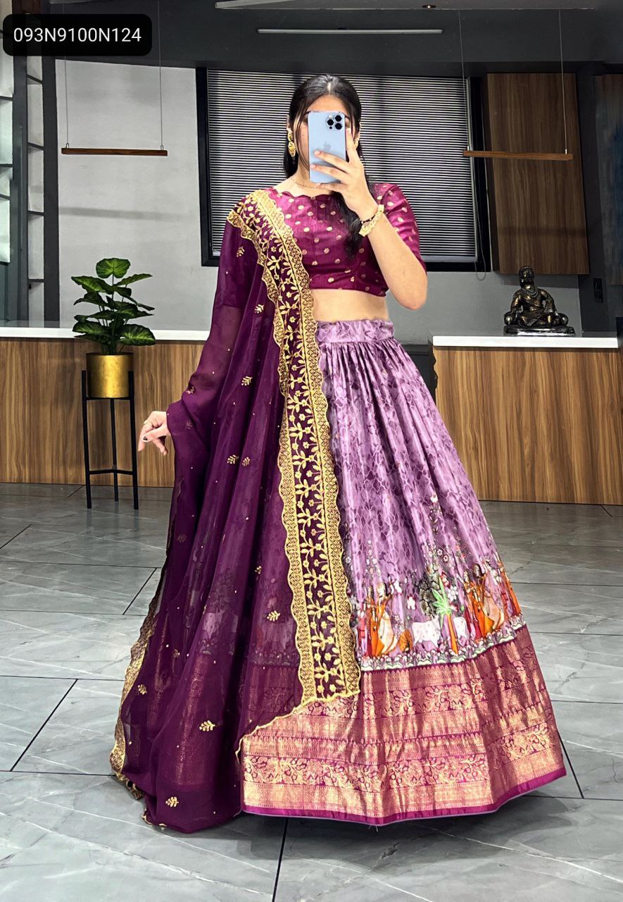 TRENDBUY Plum Purple Patola Kalamkari Lehenga Choli, front view, model showcasing the embroidered dupatta and printed lehenga with foil work border.
