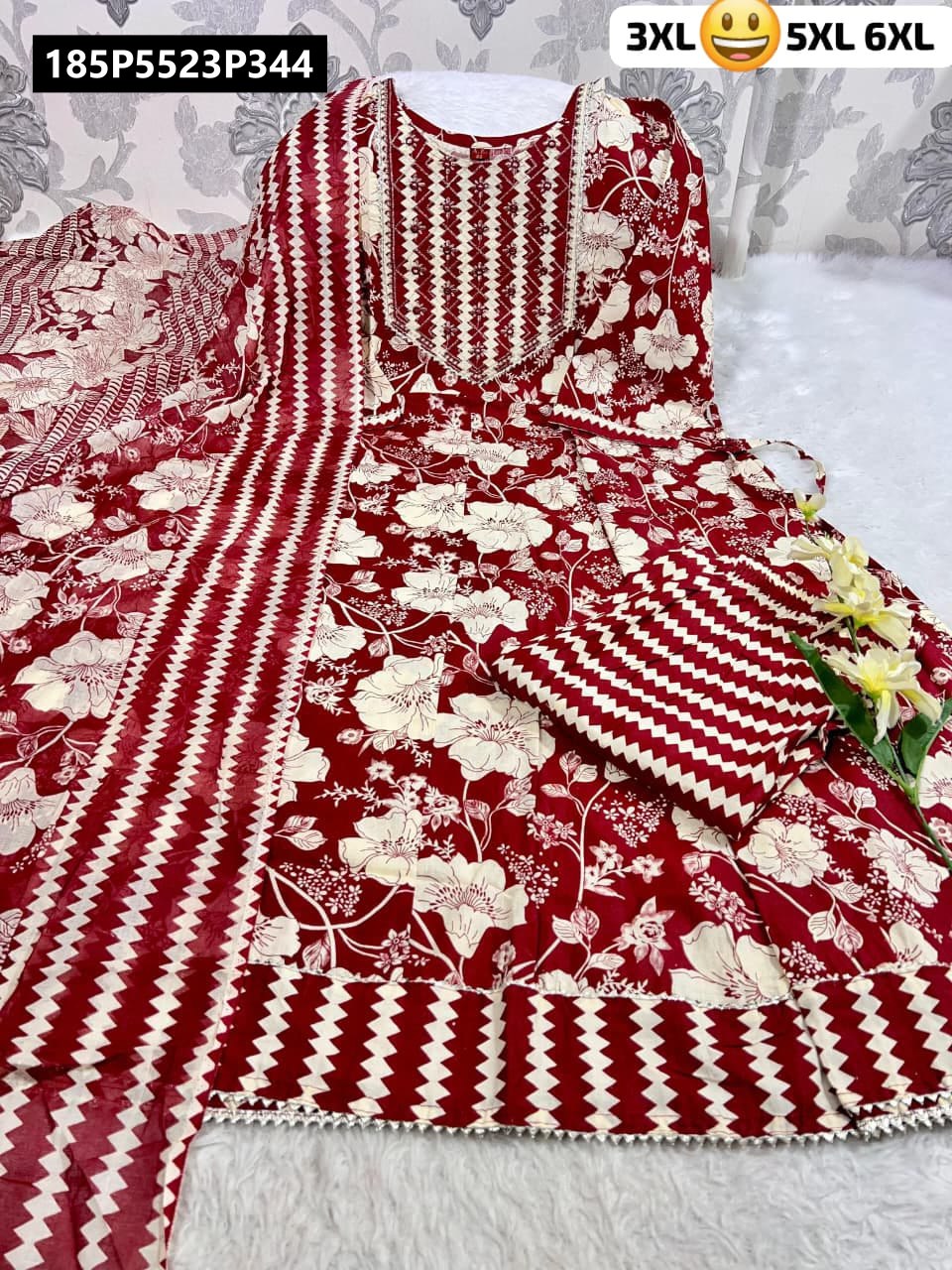 Red and white floral chevron TRENDBUY Plus Size Pure Cotton Anarkali Kurti Set with dupatta and pant, flat lay.