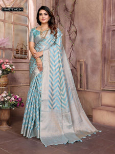 TRENDBUY Premium Aqua Blue Organza Silk Banarasi Saree with Intricate Zari Weaving