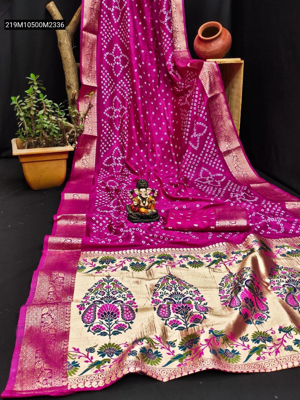 TRENDBUY Magenta Bandhej Kanjivaram Silk Saree with intricate white Bandhej dots and golden Zari weaving Paithani pallu, draped elegantly.