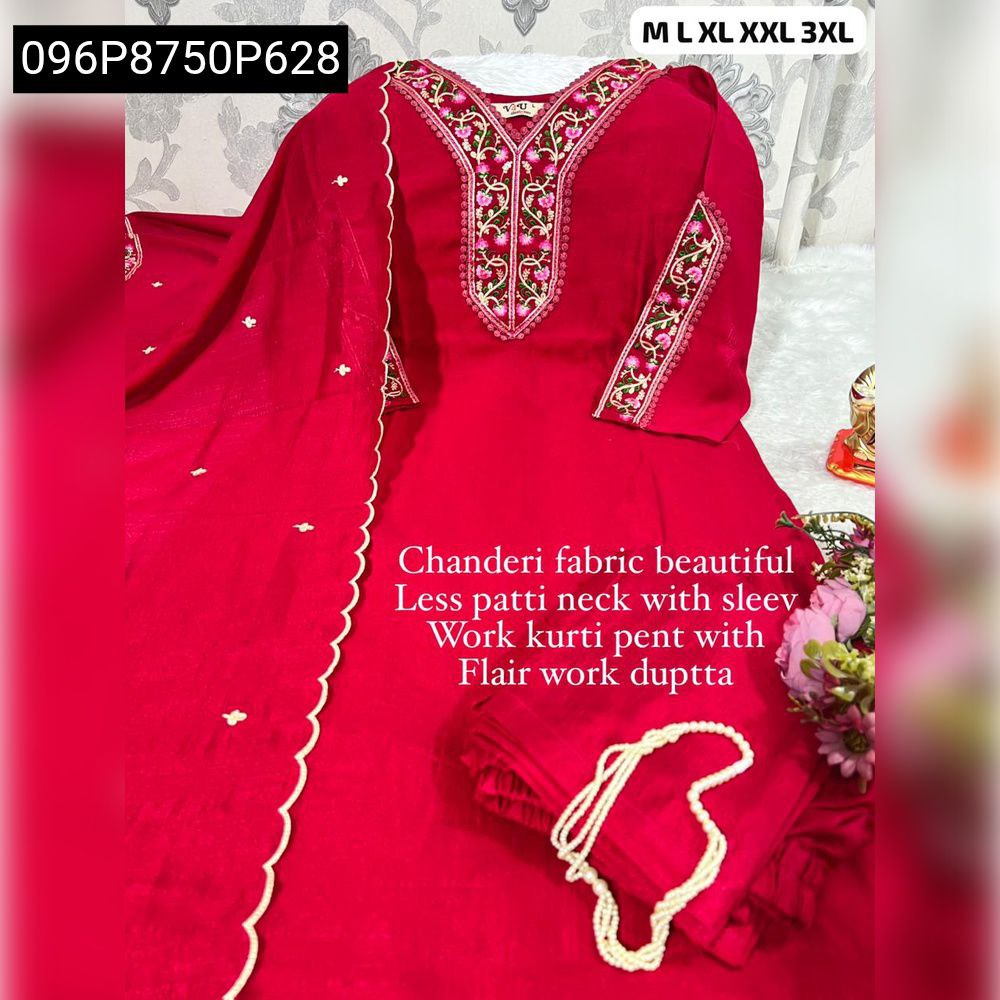 Full flat lay of red Chanderi Silk kurti set with intricate neckline and sleeve embroidery, scalloped dupatta, and matching pant.