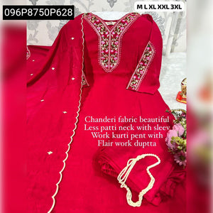 TRENDBUY Premium Chanderi Silk Embroidered Kurti Pant Dupatta Set