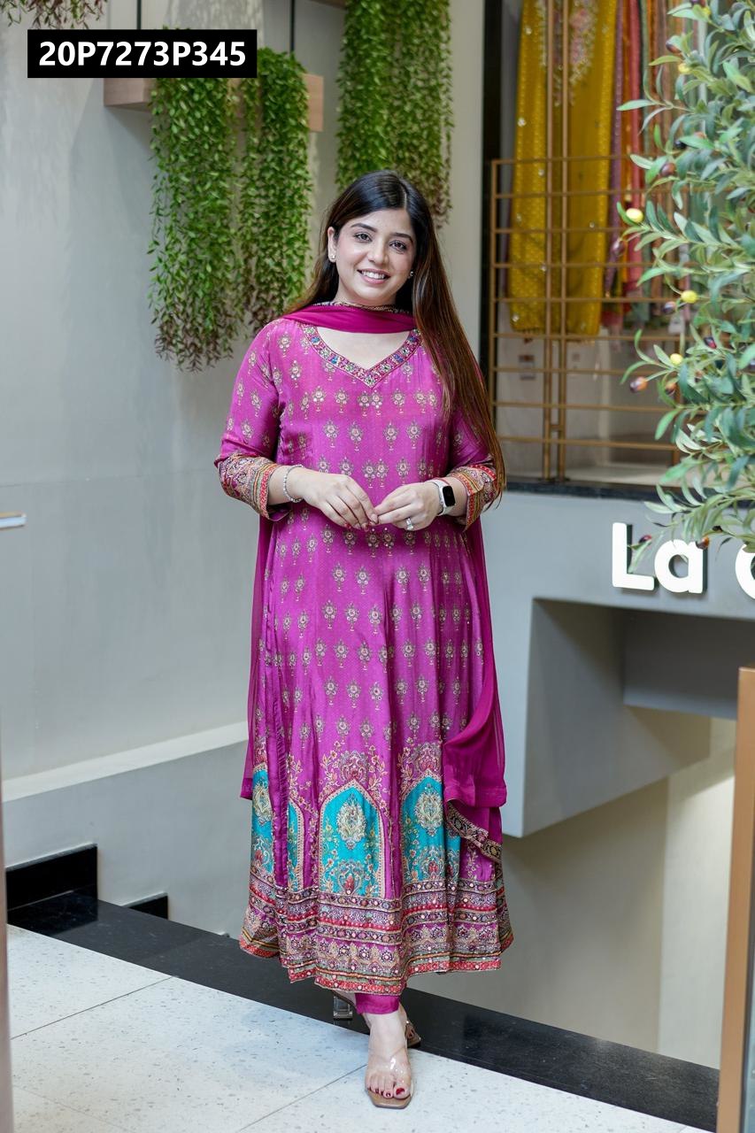 Full body shot of a smiling model wearing the TRENDBUY magenta Chinon Anarkali kurti set, showcasing the flow and elegance of the outfit.