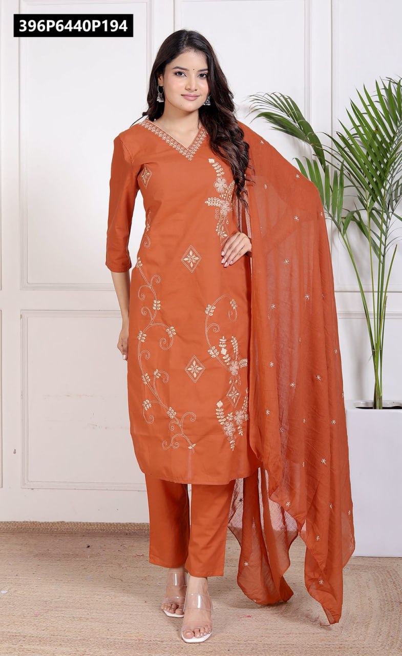 TRENDBUY women's rust orange premium cotton embroidered kurta set with mulmul dupatta, full body shot