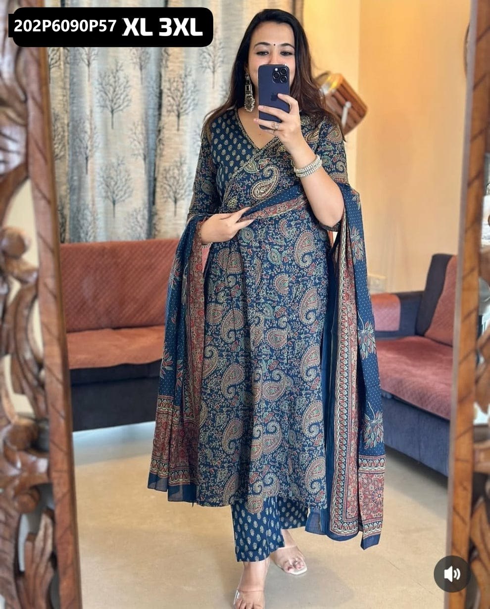 Full body shot of a model in the navy blue TRENDBUY Hand Block Anarkali Kurta Set, showing the complete outfit with a flared kurti, pants, and matching dupatta, reflected in a mirror.