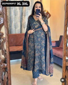 TRENDBUY Premium Cotton Hand Block Printed Anarkali Kurta Set with Dupatta & Pants
