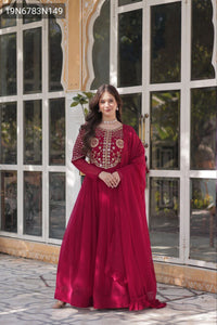 TRENDBUY Premium Embroidered Faux Georgette Gown & Dupatta Set