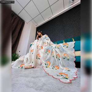 TRENDBUY Premium Fandy Satin Saree with Barash Prints & Scalloped Moti Work