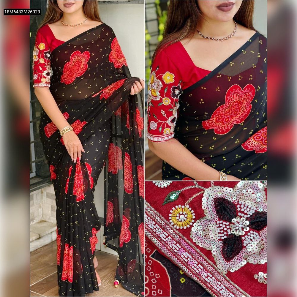 Model wearing TRENDBUY Black Georgette Bandhej Saree with striking red print, styled with a red blouse featuring detailed floral bead and sequin hand embroidery.