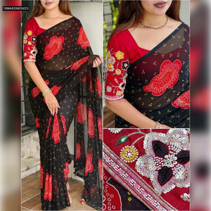 TRENDBUY Premium Georgette Bandhej Saree with Designer Hand Embroidered Blouse