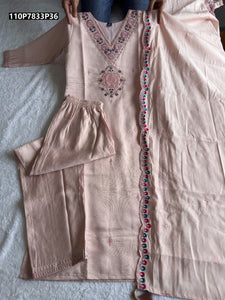 TRENDBUY Premium Light Peach Embroidered Roman Silk Suit Set with Dupatta